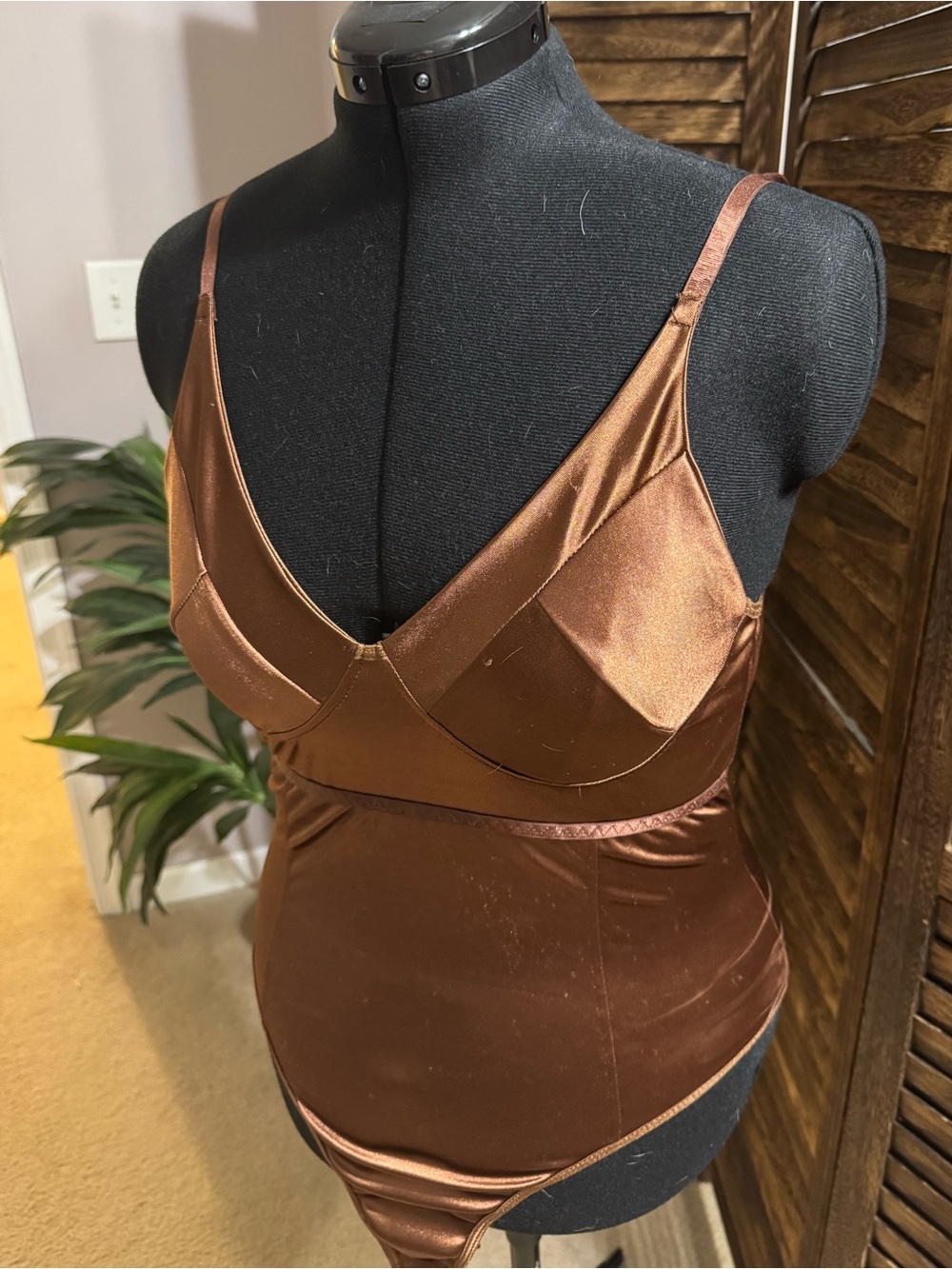 Brown satin bodysuit
